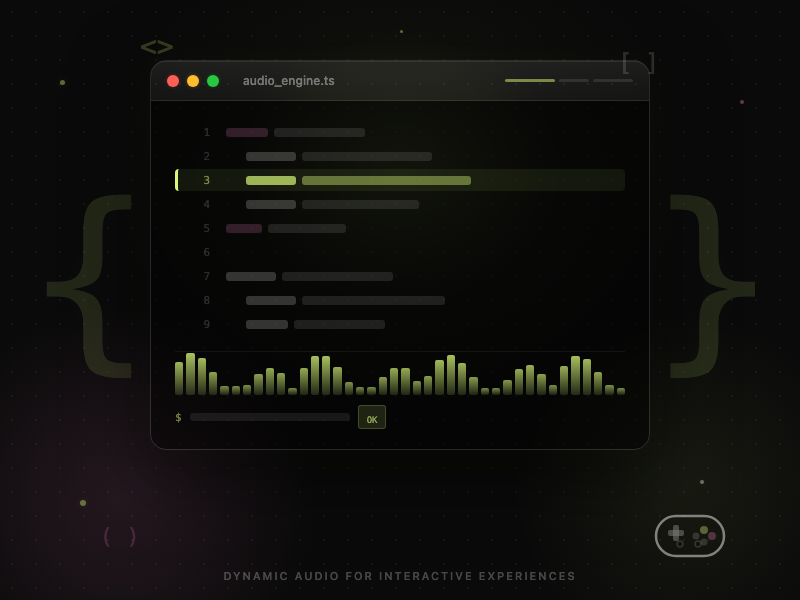Code terminal with gamepad illustration for game developers
